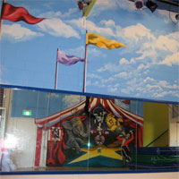 Circus mural in warehouse space, Sydney